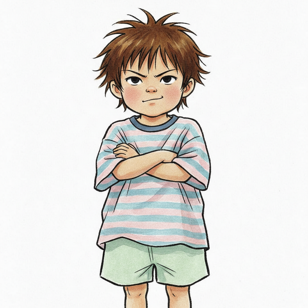 Editorial portrait of a Japanese child in the Yoshitomo Nara register, arms crossed, bratty expression, pastel background